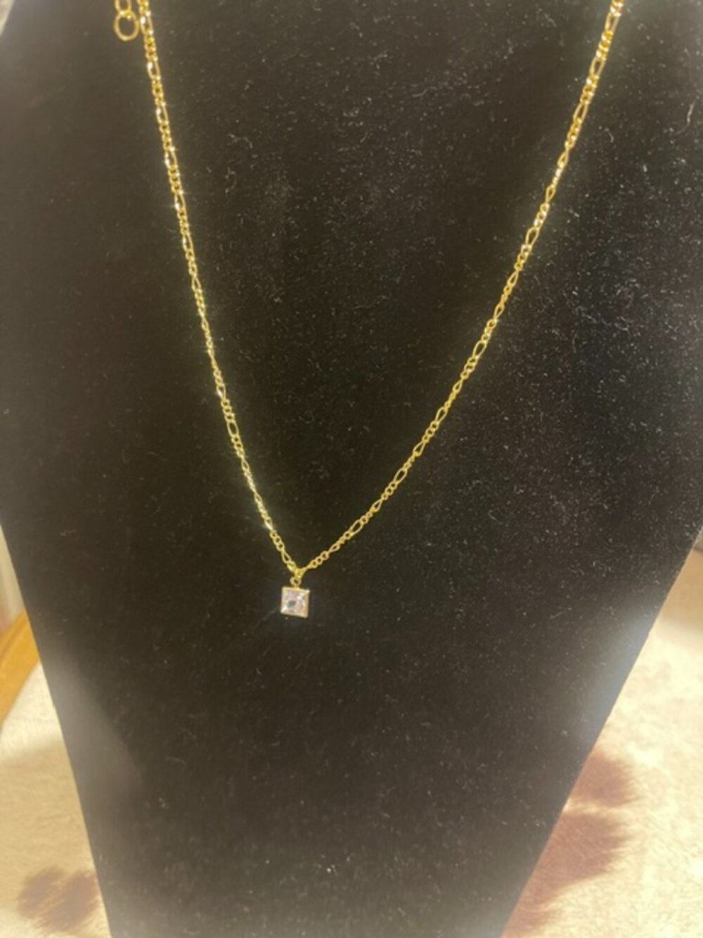 18K Gold Plated CZ Princess Cut Necklace adjustable 18-20"Dainty Figaro Chain